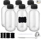 2oz Small Clear Glass Boston Bottles with Lids - Reusable Leakproof Travel Kit With 1 Stainless Steel Funnel, 6 Labels, 1 Brush & 1 Chalk Marker for Juice, Oils, Whiskey, Ginger Shots & More