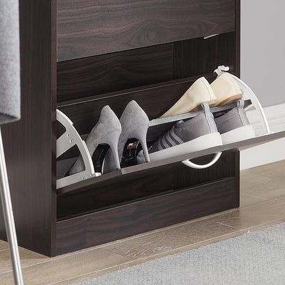 Haotian Narrow Shoe Cabinet for Entryway, Slim Freestanding Shoe Rack with 2 Flip-Drawers, Hidden Storage Shoe Organiazer Entrance Hallyway Mudroom, Brown, FSR110-K-BR (9.4" D x 23.6" W x 31.5" H)