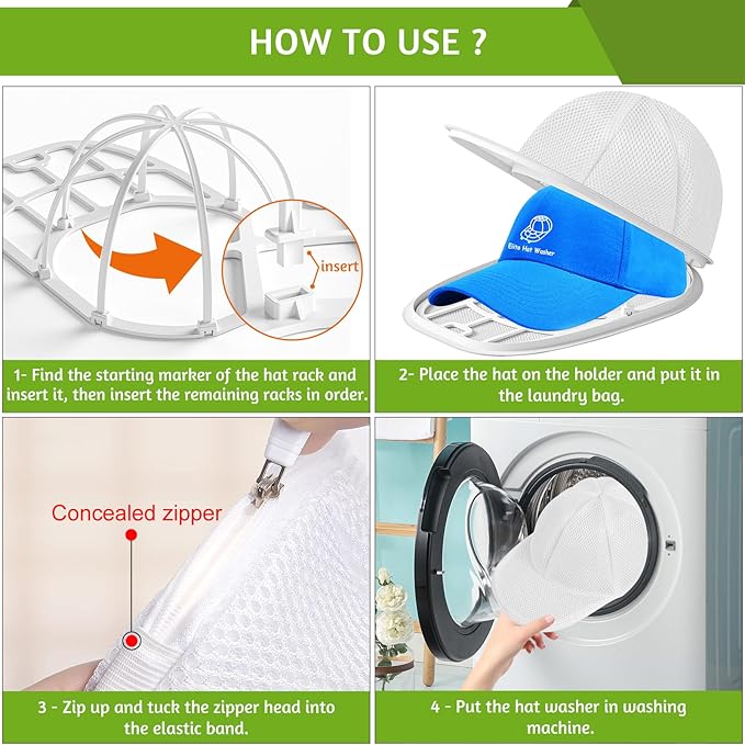 Eiito 2 Pack Hat Washer Cage for Washing Machine, Baseball Cap Cleaner Frame with Mesh Bag, Keeps Shape for Flat & Curved Brim, Fits Adult & Kids, White