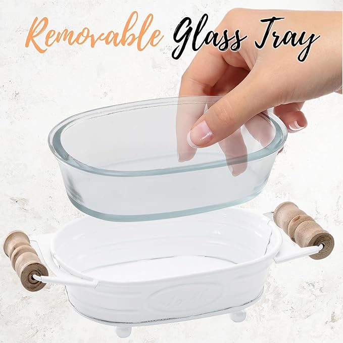 Autumn Alley White Farmhouse Soap Dish for Bathroom – Fun Kitchen Soap Tray – Farmhouse Bathroom Accessories – Rustic Soap Dish – Wooden Handles Add Vintage Appeal – Cute Bathtub Decor