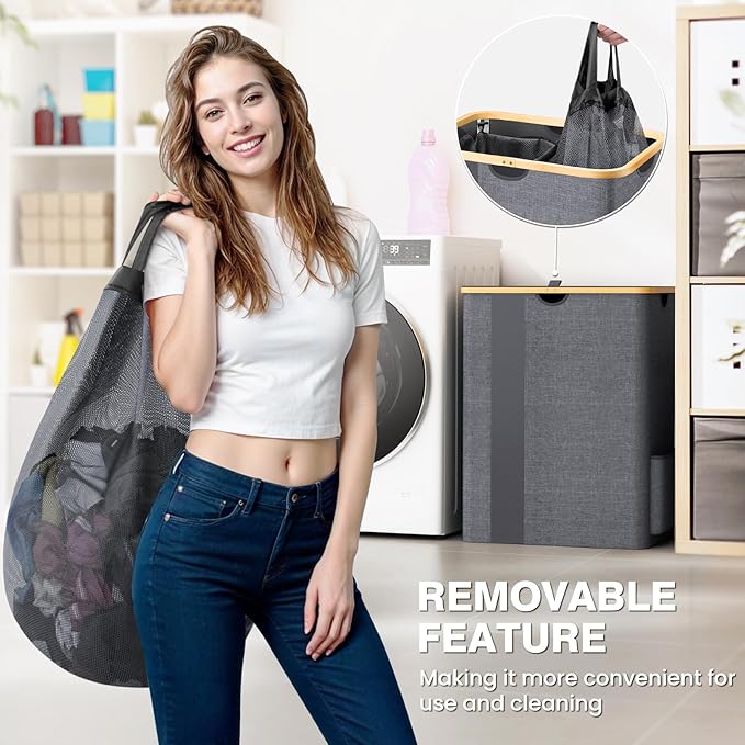 BlissTotes Laundry Basket with Lid, 150L Clothes Laundry Hamper with Handles and 2 Removable Laundry Bag, Breathable Design Hamper with Lid for Bedroom, Bathroom, Dorm, Laundry Room - Light Grey