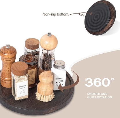 Wood Lazy Susan Organizer Kitchen Turntable for Cabinet Farmhouse Bathroom Decor Round Decorative Tray for Vanity, Counter, Sink, Coffee Table, 10 Inch, Dark Brown