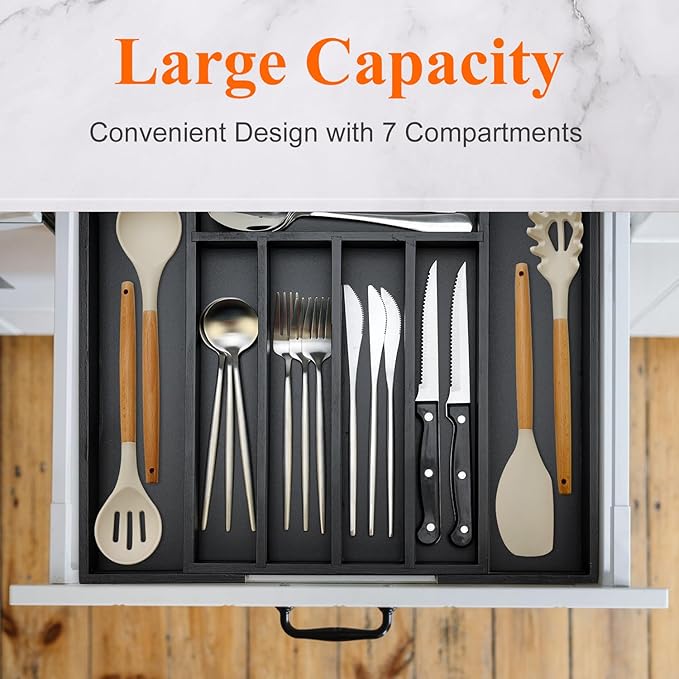 Bamboo Kitchen Drawer Organizer Tray Black Expandable Spoon Silverware Organizer Large Utensil Holder Drawers Divider Adjustable Cutlery Flatware Organizers for Drawer Wood Utensil Silverware Tray