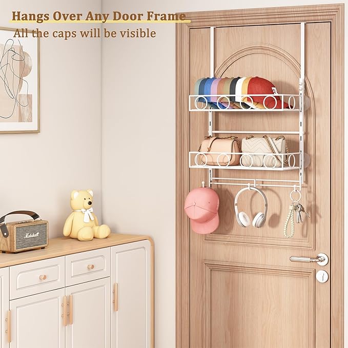 Over Door Hat Organizer 3 Tier Wall Mounted Hat Rack with 2 Adjustable Metal Basket and 3 Hooks Hat Organizer for Baseball caps Hat Hanger Holder Display for Door Closet, Cap Organizer Storage