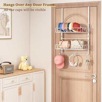 Over Door Hat Organizer 3 Tier Wall Mounted Hat Rack with 2 Adjustable Metal Basket and 3 Hooks Hat Organizer for Baseball caps Hat Hanger Holder Display for Door Closet, Cap Organizer Storage