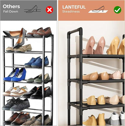 LANTEFUL 7 Tiers Shoe Rack 18-20 Pairs Boots Organizer Storage Sturdy Narrow Shoe Shelf for Entryway, Closets with Hooks, Black