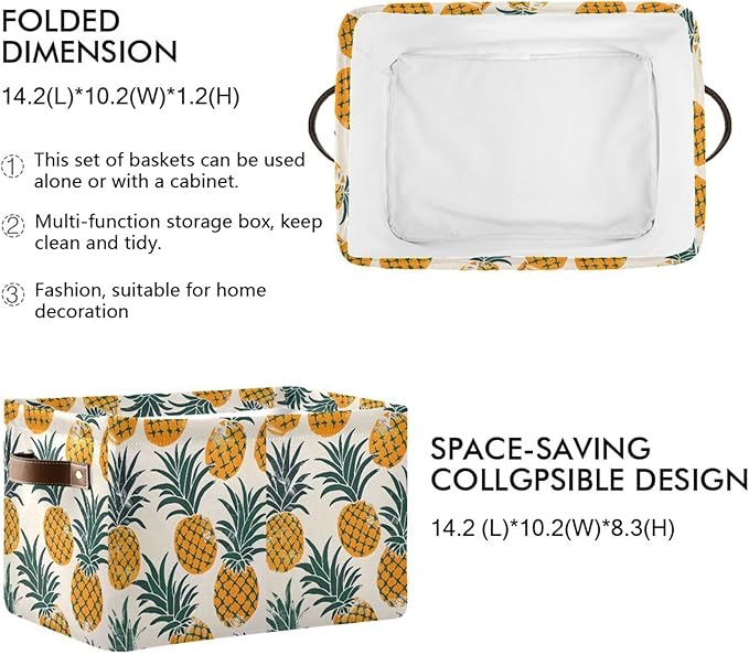 Large Storage Basket Pineapples Storage Bin Cube Canvas Fabric Organizer Handles Collapsible for Clothes Toys Bedroom Decorative