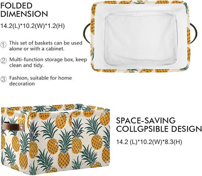 Large Storage Basket Pineapples Storage Bin Cube Canvas Fabric Organizer Handles Collapsible for Clothes Toys Bedroom Decorative