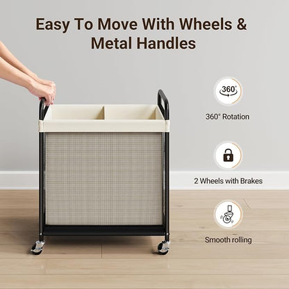 ELYKEN Laundry Hamper 2 Section, 100L Rolling Laundry Sorter with Removable Liner Bag, Laundry Basket with Wheels, Steel Frame with Metal Handle, Clothes Hamper Cart for Laundry Room & Bedroom
