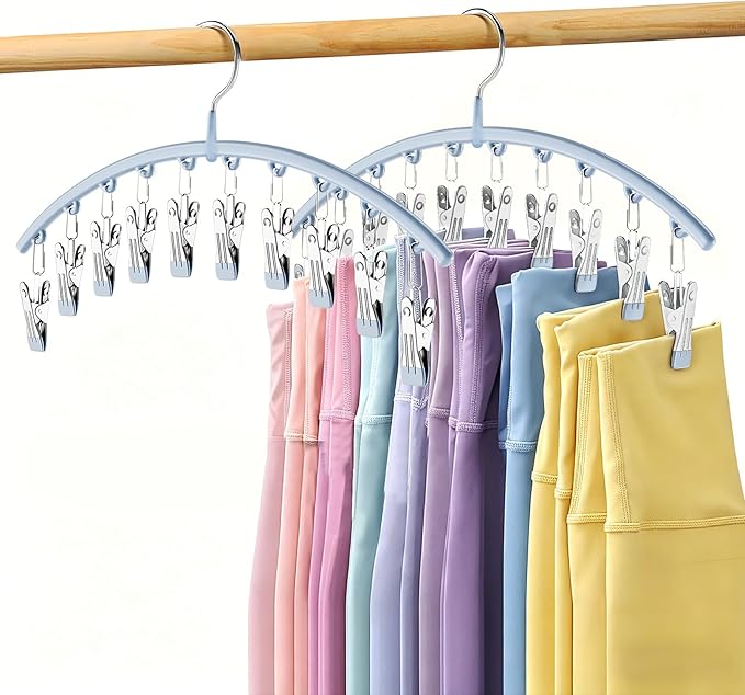 Volnamal Legging Organizer for Closet, Metal Yoga Pants Hanger w/Rubber Coated 2 Pack w/10 Clips Hold 20 Leggings, Hangers Space Saving Hanging Closet Organizer for Closet Organizers and Storage, Blue