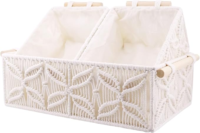 YAHUAN Macrame Storage Baskets with Wood Handles Handmade Woven Boho Decor Box for Organizing on Shelf Cabinet Countertop - Set of 3 (White)