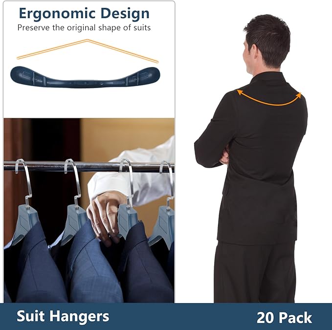 DEDU Plastic Extra Wide Shoulder Suit Hangers for Men 15 Pack Width 17.7", Blue Sweater Hangers no Shoulder Bump Non Slip for Thick Sweaters, Clothes Hangers with Pants Bar & Metal Hook