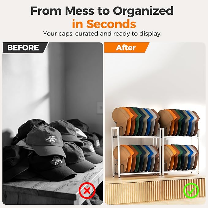 Cinati 2-Tier Hat Organizer for Baseball Caps, 18 Capacity Freestanding Baseball Cap Rack, Metal & Wood Hat Storage for Closet Entryway Bedroom, Black Cap Holder Stand, Gifts for Men Dad