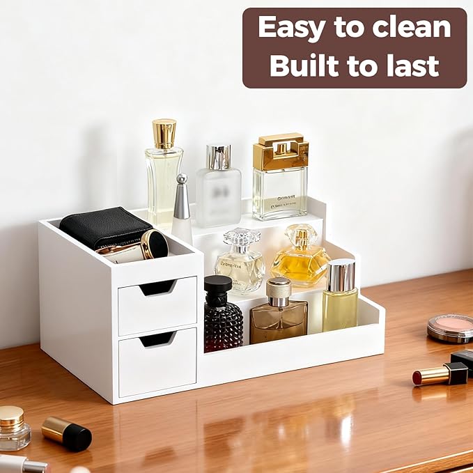 Countertop Perfume & Makeup Organizer - Wooden Rack, Cologne Stand Shelves & Skincare Organizer for Bedroom Dresser, Organizador de Perfumes Estante para Perfumes (White, 01)