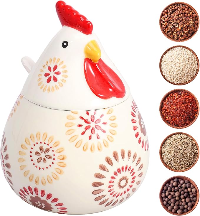 Ceramic Salt Cellar with Lid and Spoon,17oz Large Chicken Rooster Cookie Jar Salt Containers Holder for Countertop Spices,Cute Farmhouse Kitchen Decor,Spice Jar for Coffee,Sugar,Spices,Candies (#C)