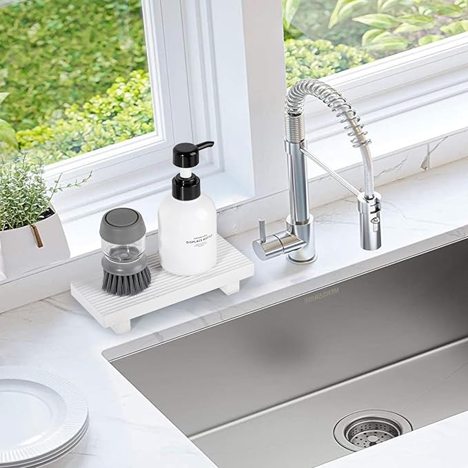 Wooden Tray Pedestal Stand Farmhouse Bathroom Decor Decorative Wooden Riser Kitchen Soap Dish Holder for Vanity, Counter, Sink, 8.7 * 3.6 White