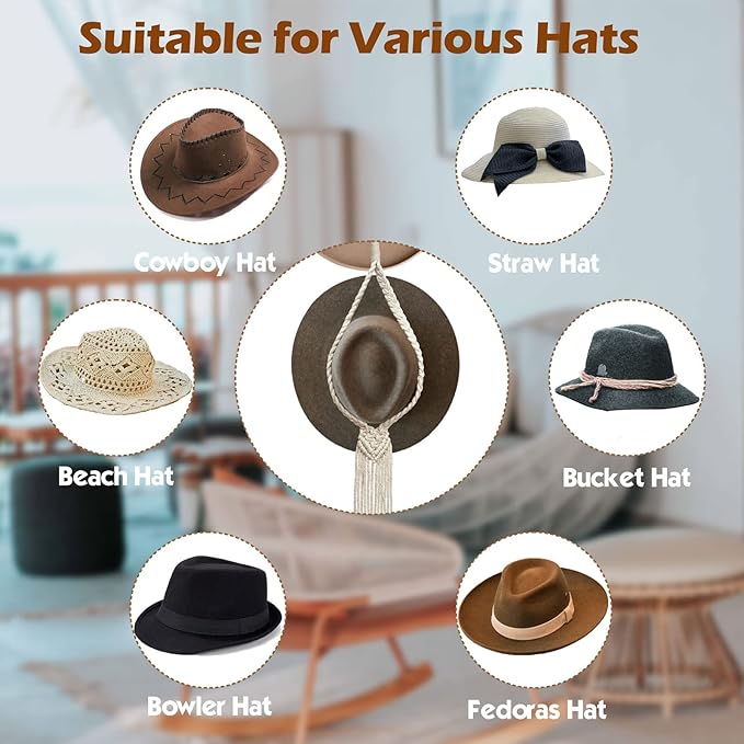 Besoamo Macrame Hat Hanger for Wall, Boho Hat Rack for Wall Hanging Hat Display, Hand-woven Hat Organizer for Wide-Brim Hat, Decorative Bohemian Hat Storage Cowboy Hat Holder(3 Styles and 3 Colors)