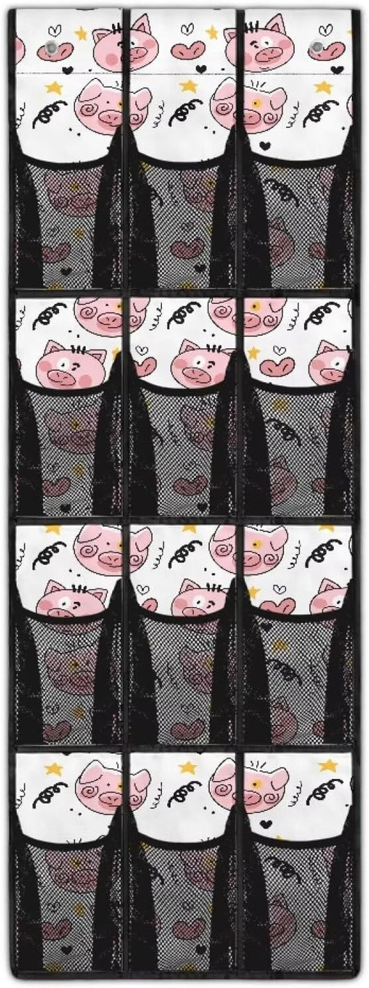 Pig Shoe Organizer Over The Door,Hanging Shoe Organizer,Over Door Shoe Organizer,Space Saving Hanging Storage Holder,Closet Rack Hanger with 12 Mesh Pockets for Home Decor