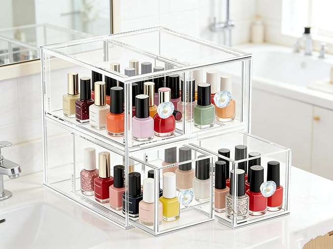 Clear Acrylic Makeup Organizer with 2 Drawer Trays, Cosmetic Storage for Bedroom, Bathroom, Countertop, Dresser (Medium, 2)