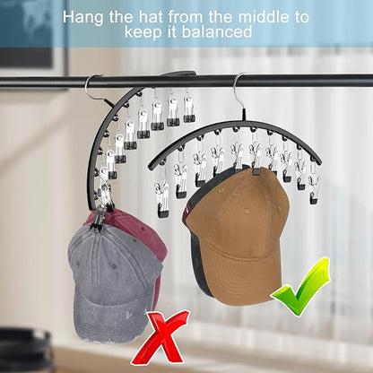 Hat Hangers for Closet, Metal 1 Pack Hat Organizer Holder for Hanger Closet Display, Hat Racks for Baseball Caps w/10 Clips, Hat Holder for Ball Caps & Accessories, for Men Women, Black