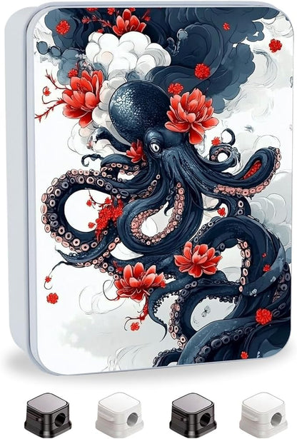Metal Tin Box with Lid for Game Cards Home Organizer Candles Keys Crafts Storage - Equipped with 4 Magnetic Cord Clips，Octopus and Red Flower