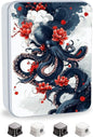 Metal Tin Box with Lid for Game Cards Home Organizer Candles Keys Crafts Storage - Equipped with 4 Magnetic Cord Clips，Octopus and Red Flower