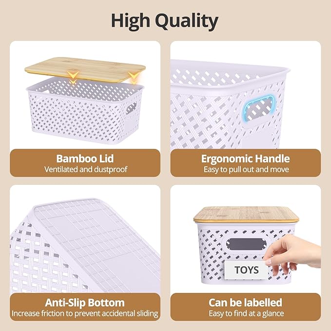 Plastic Storage Bins with Bamboo Lids, Stackable Small Box Baskets for Organizing and Containers for Shelves Drawers Desktop Closet Pantry Classroom Office Home, 6 Pack 10.2"x7.2"x4.1" Lavender