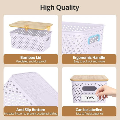 Plastic Storage Bins with Bamboo Lids, Stackable Small Box Baskets for Organizing and Containers for Shelves Drawers Desktop Closet Pantry Classroom Office Home, 6 Pack 10.2"x7.2"x4.1" Lavender