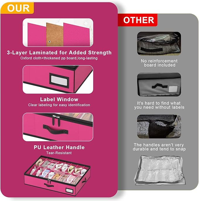 homyfort Shoe Organizer Under Bed, Fits 32 Pairs, Under bed Shoe Storage Boxes with Study Handles and Clear Cover, zapateras organizer for shoes, set of 2