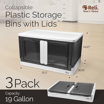 Reli. Storage Bins with Lids and Doors (3 Pack) | 19 Gallon Collapsible Storage Bins with Lids | Collapsible Stackable Plastic Cabinet with Built-in Wheels | Heavy Duty Closet Organizers