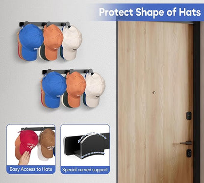 KIMBORA 2 Packs Hat Rack for Wall, Hat Organizer for Baseball Caps, 3 Mounting Options Cap Hook Hanger, Strong Snapback Holder Storage Display for Door, Room, Closet (Black)