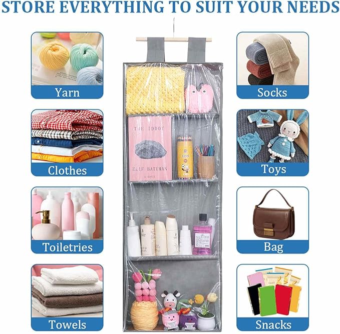 Clear Hanging Stuffed Animal Storage, Over The Door Organizer with 4 Large Pockets for Toys Shoes (Grey)
