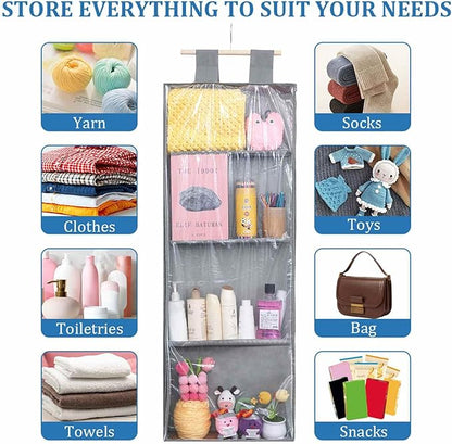 Clear Hanging Stuffed Animal Storage, Over The Door Organizer with 4 Large Pockets for Toys Shoes (Grey)
