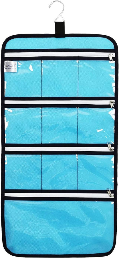 Hanging Jewelry Organizer with 10 Zippered Clear Pockets for Travel Suitcase and Home Closet Jewelry Storage Bag (BLUE)