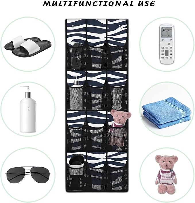 Multi-Functional 12-Pocket Hanging Bag for Doors, Heavy Duty Oxford Cloth Waterproof Lightweight and Space-Saving Design, Zebra Stripe