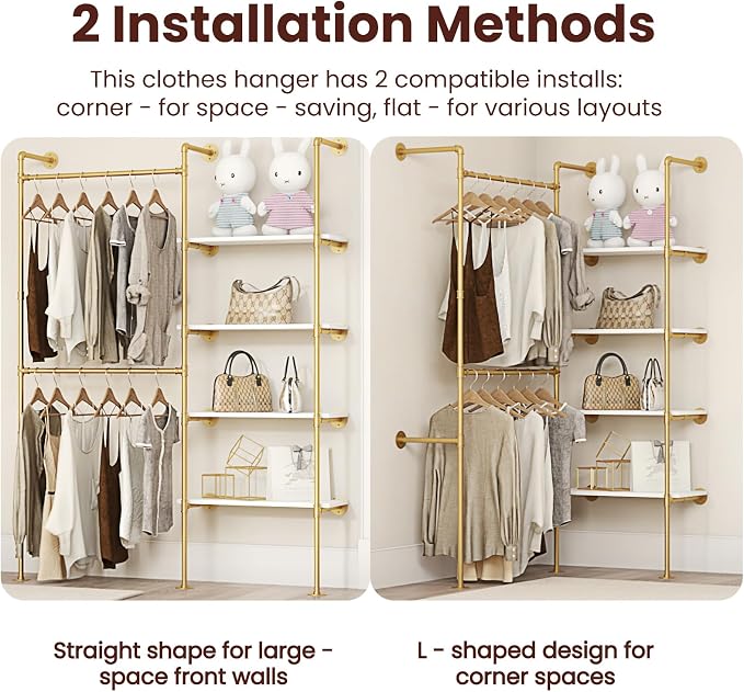 Industrial Pipe Clothing Rack, Heavy Duty Adjustable Garment Hanger with Shelves, 2 Installation Methods Closet Storage System for Wardrobe Organization (Gold, 80" H x 55" W)