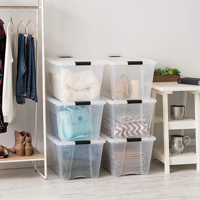 IRIS USA 54 Qt Stackable Plastic Storage Bins with Lids, 12 Pack - BPA-Free, Made in USA - See-Through Organizing Solution, Latches, Durable Nestable Containers, Secure Pull Handle - Clear