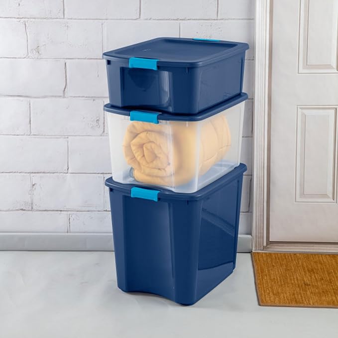 Sterilite 18 Gal Latch and Carry, Stackable Storage Bin with Latching Lid, Plastic Container to Organize Closets, Clear with Blue, 6-Pack