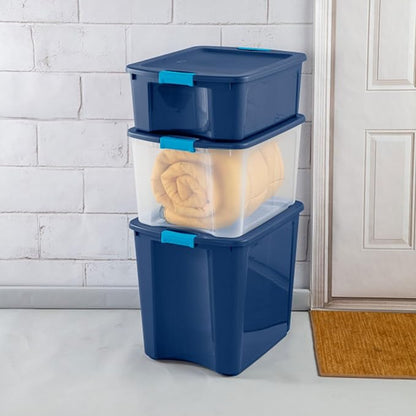 Sterilite 18 Gal Latch and Carry, Stackable Storage Bin with Latching Lid, Plastic Container to Organize Closets, Clear with Blue, 6-Pack