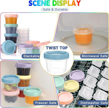 Yomarket 6pcs 4 oz Plastic Containers with Screw Lids, Reusable 1/2 Cup Small Food Storage Containers, Leakproof, Microwave Dishwasher Freezer Safe, with Pen and Brush