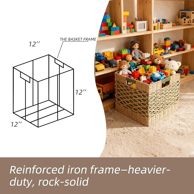 12x12 Cube Storage Bins 4-Pack - Foldable Paper Rope Organizer Baskets for 13-Inch Shelves, Heavy Duty 15-Lb Capacity for Nursery Toys & Closet