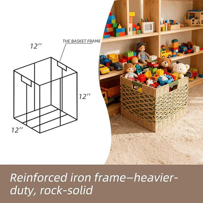 12x12 Cube Storage Bins 4-Pack - Foldable Paper Rope Organizer Baskets for 13-Inch Shelves, Heavy Duty 15-Lb Capacity for Nursery Toys & Closet