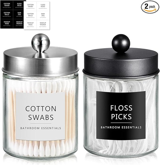 SheeChung 2-Pack Qtip Holder Dispenser - Glass Apothecary Jars with Rust-Proof Stainless Steel Lids - Modern Farmhouse Bathroom Vanity Organizer for Cotton Swabs, Balls, Pads(Black&Brushed Nickel)