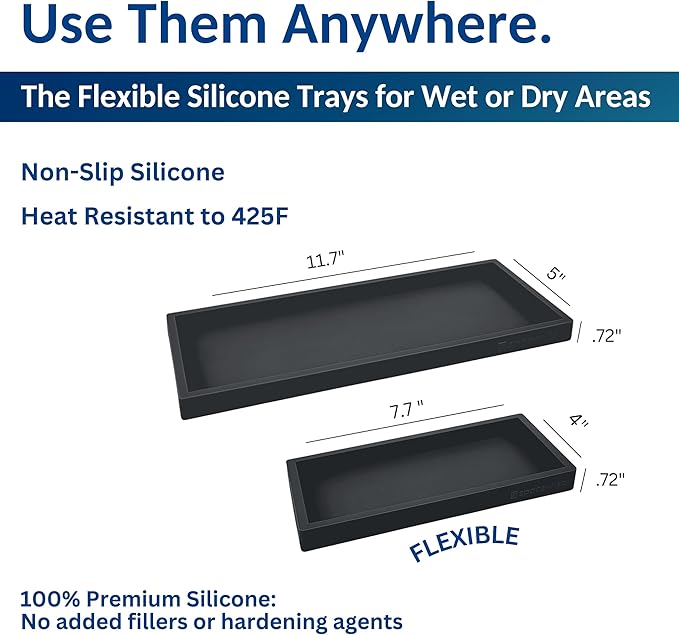 Spacewiser Countertop and Vanity Tray - 2 PC (11” and 7”) Shatterproof Silicone Kitchen and Bathroom Trays for Counter, Kitchen Soap Dispenser Tray, Vanity Trays for Bathroom, Perfume Key Tray