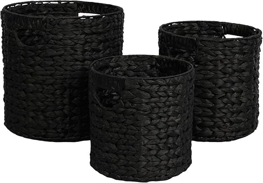 happimess BSK2011C-3SET Avery Bohemian Cottage Handwoven Hyacinth Cylinder Nesting Baskets with Handles, Black (Set of 3)