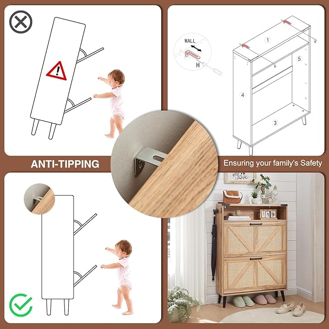 Barnyatoh Shoe Storage Cabinet, Boho Rattan Shoe Organizer with 2 Flip Drawers,Farmhouse Freestanding Hidden Slim Narrow Shoe Rack Cabinet with Open Shelves for Entryway, Foyer,Hallway, Natural