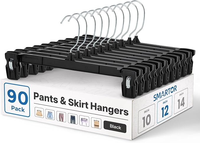 Smartor Space Saving Skirt Hangers - 90 Pack, Slim Plastic Pants and Shorts Hangers, Ridged Non-Slip with Pinch Clips, Black Clip Hangers for Women, 360-Rotating Chrome Swivel Hook, 12 Inches