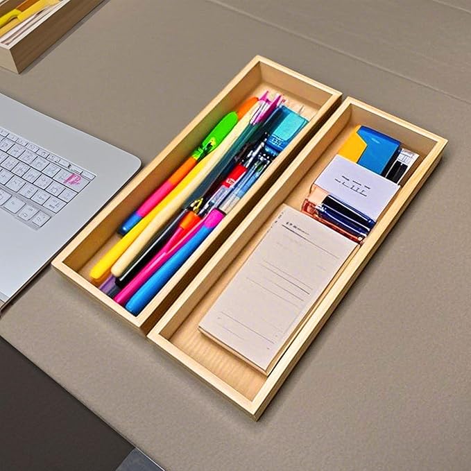guiogc Bamboo Drawer Organizer, Utensil Organizer for Kitchen, Bamboo Storage Box Wood Silverware Tray for Drawer Set of 2