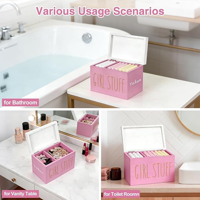Tampon Holder for Bathroom with Hinged Lid, Modern Farmhouse Feminine Product Organizer, Decorative Storage Box for Pads & Period Essentials, Toilet Tank or Countertop (Pink)