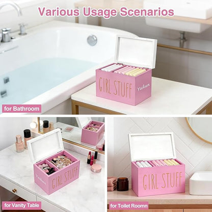 Tampon Holder for Bathroom with Hinged Lid, Modern Farmhouse Feminine Product Organizer, Decorative Storage Box for Pads & Period Essentials, Toilet Tank or Countertop (Pink)